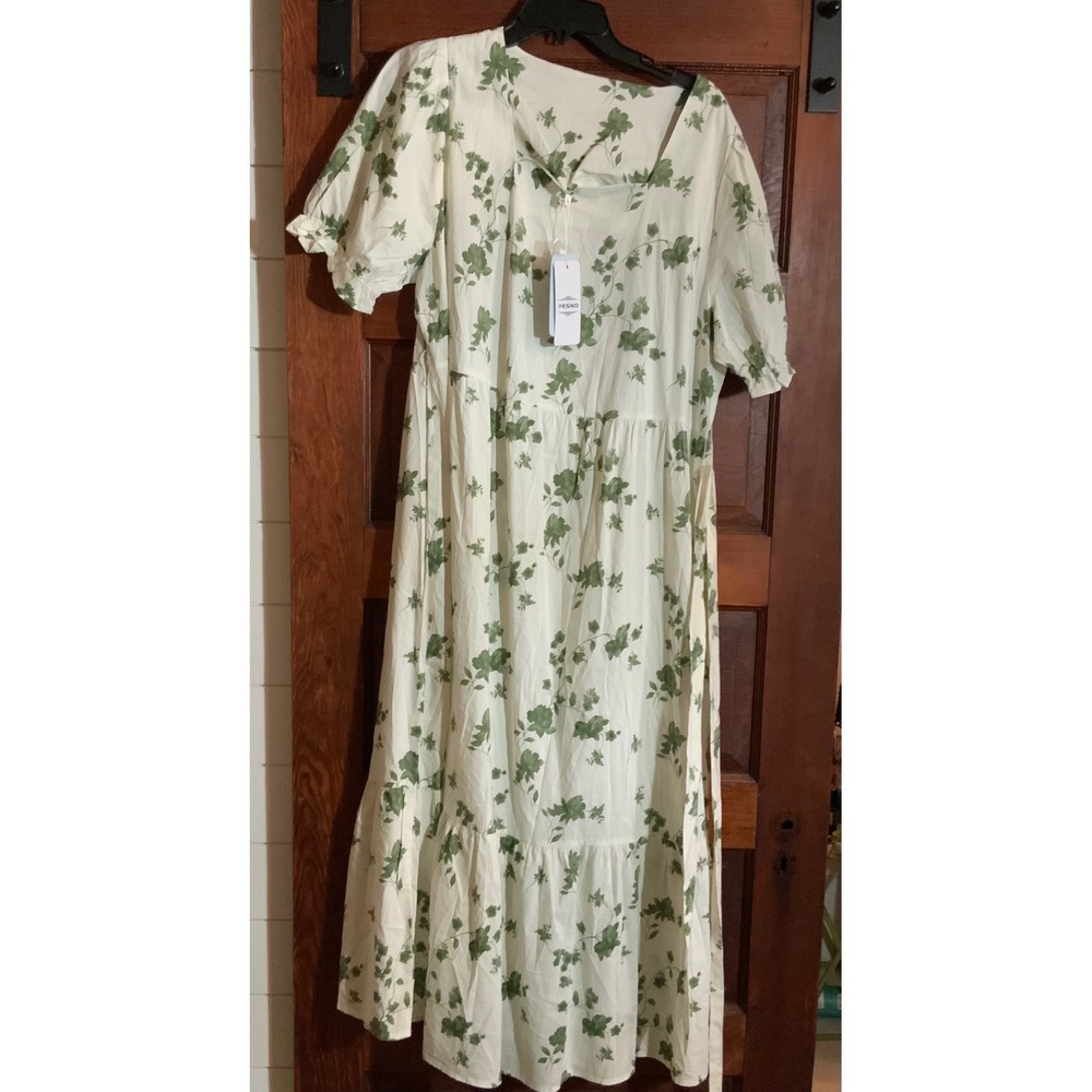YESNO Women XL White Green Floral Cotton Maxi Dress Cottagecore Tiered Ruffle